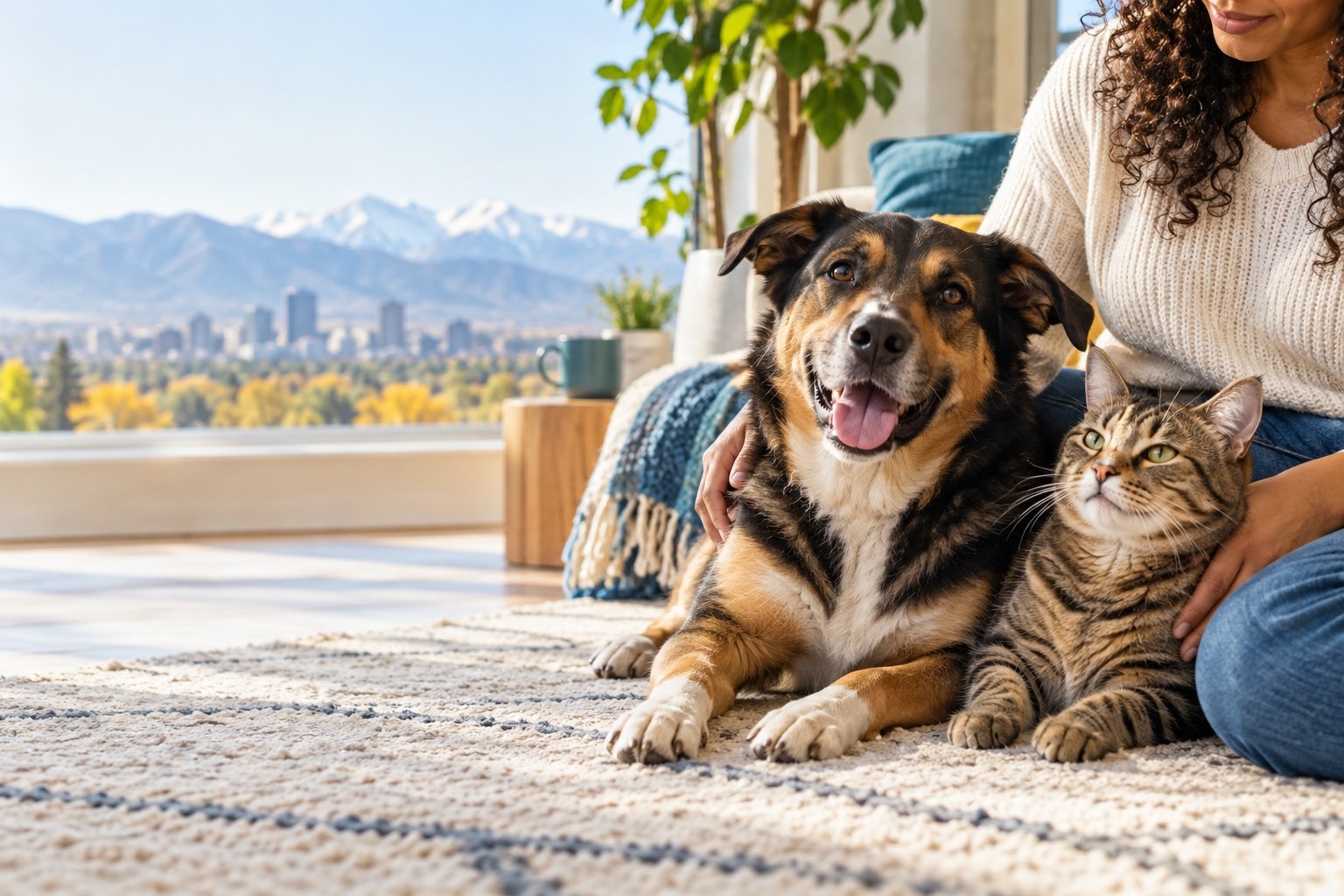 A dog and cat relaxing with their owner in a bright Denver home